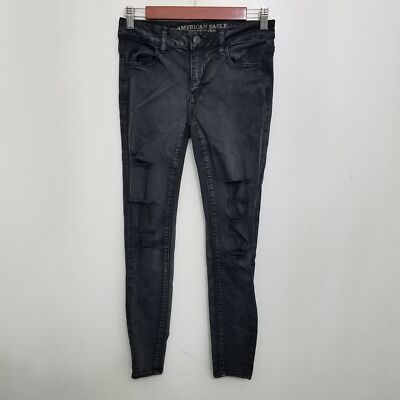 American Eagle Womens Super Super Stretch Jeggings 4 Black Destroyed