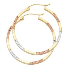Gold 14K Tri Color Gold Diamond Cut Square Hoop Earrings
