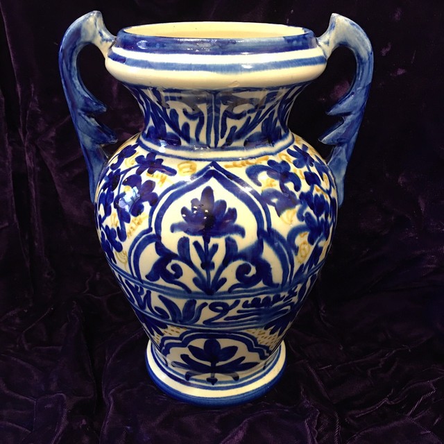 Vintage Spain Hand Painted Two Handle Majolica Pottery Vase Made In