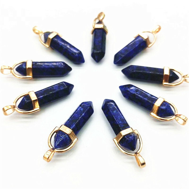 Natural Blue Stone 50pcs Hexagonal Column Pendants for Jewelry Making
