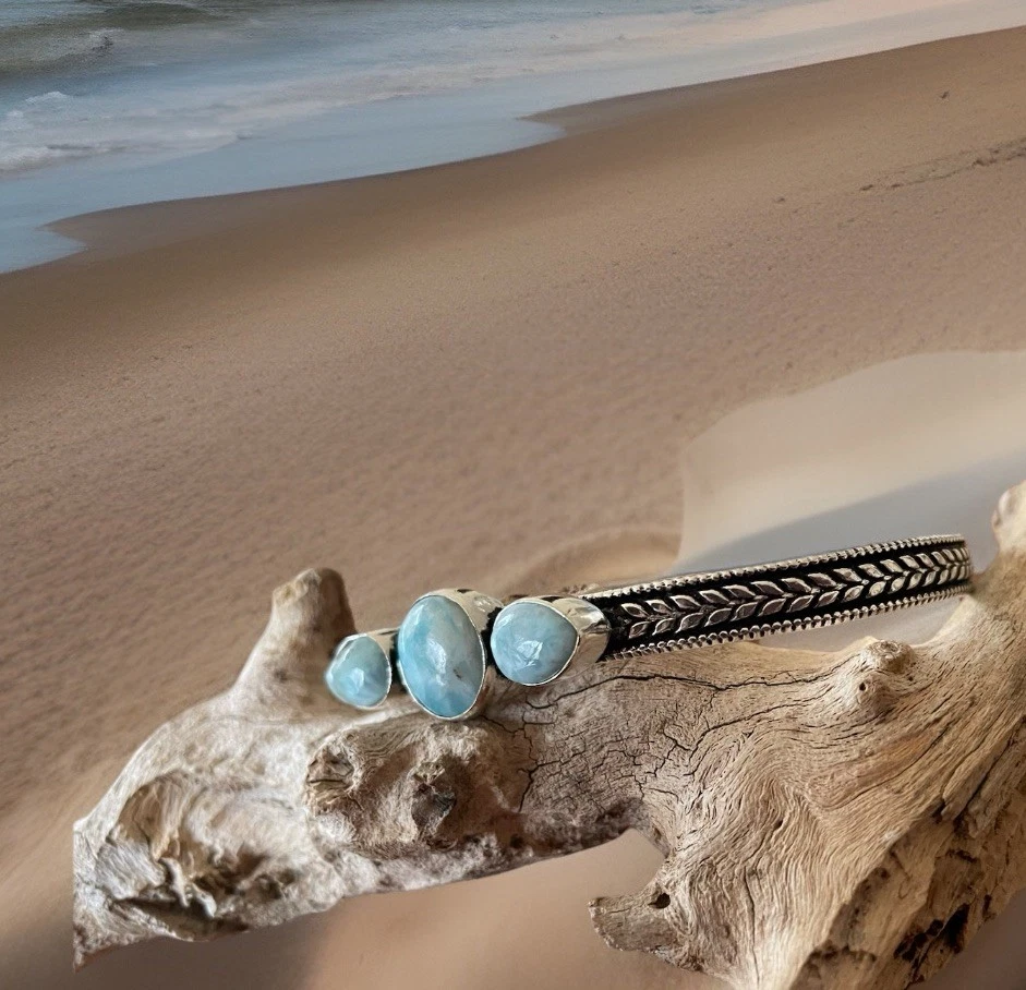 Pulsera/brazalete ajustable con piedras preciosas Larimar - Chapado en plata de ley 925-Nuevo Foto 2 de 4