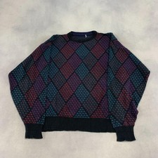 Vintage Abstract Knitted Jumper Patterned Grandad Chunky Knit Sweater Men's L