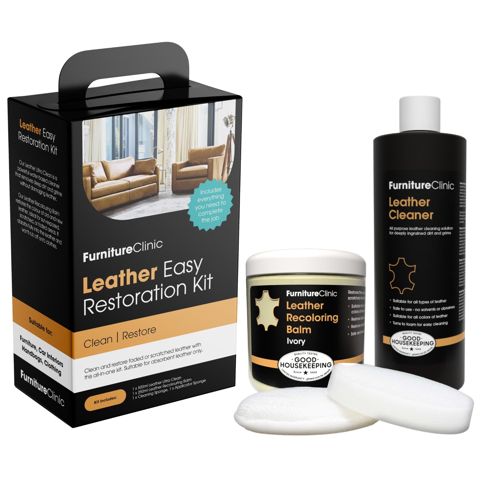 Leather Restoration Kit - Recoloring Balm, Cleaner, Sponge & Cloth for Furniture