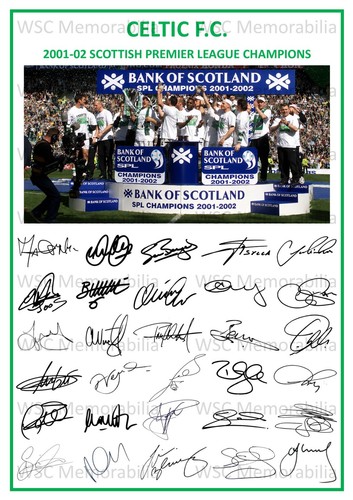 12845. 2001-02 Glasgow Celtic Signed Team Photo Sheet (PRINTED AUTOS) SPL Win