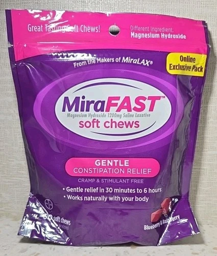 MiraFast Soft Chews Magnesium Hydroxide Gentle Constipation Relief 60 Ct 12/2026