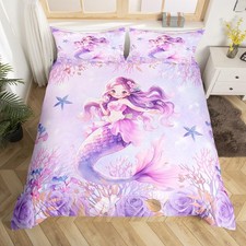 Cute Mermaid Girl Bedding Set Dreamy Undersea Mermaid Bedding Duvet Cover Set...