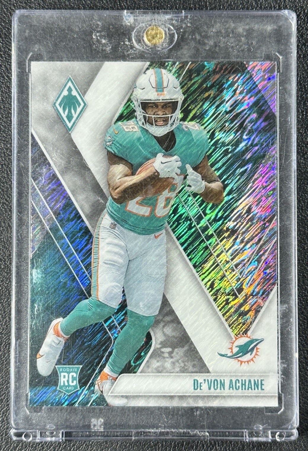 DE'VON ACHANE 2023 PANINI PHOENIX #130 ROOKIE WHITE SHIMMER RC DOLPHINS