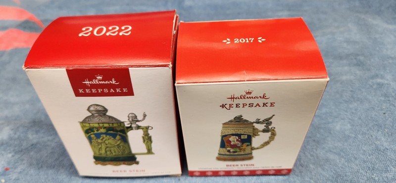 Hallmark Keepsake 2017 and 2022 opening  Beer Stein Ornaments.  Lot of 2