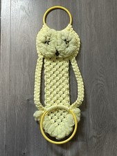 Vintage 70s Macrame Owl Towel Holder Yellow Boho Kitchen Bathroom Retro 26"
