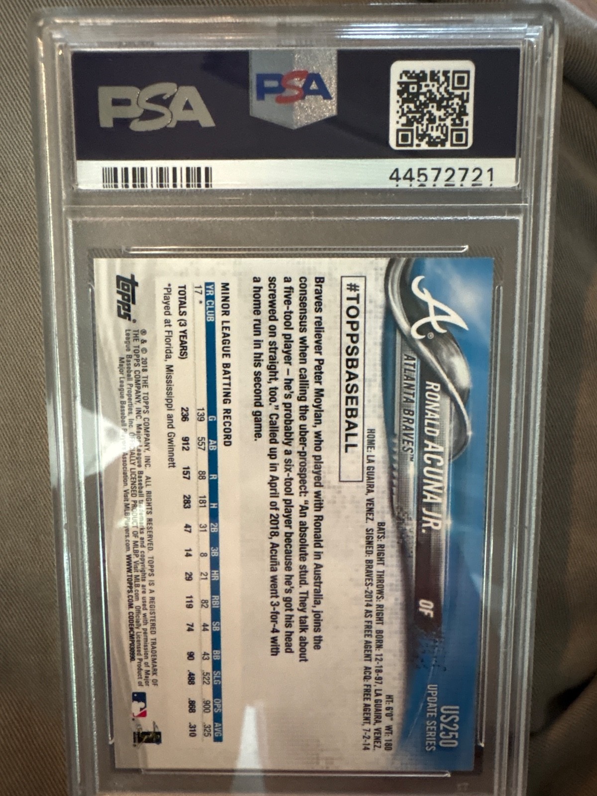2018 Topps Update Ronald Acuna Jr. Rookie PSA 9 Atlanta Braves #US250 RC view 2