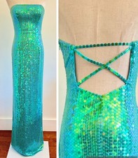 Sz 4 Papell Evening 90s Sequin Iridescent Corset Back Maxi Gown Dress Strapless