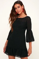 BB Dakota RSVP Night Vision Black Striped Flounce Bell Sleeve Dress Size 10 Mini