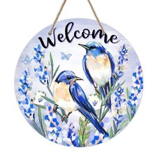 Welcome Spring Summer Front Door Sign, Lavender Flower Floral Wood Bluebirds