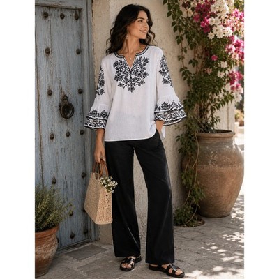 NWT John Mark Linen Embroidered Boho Tunic Top Bell Sleeve White Black Size S