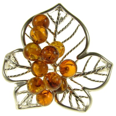 Broche Femme En Argent 925 Avec Ambre Orange - Neuf Avec étiquettes
