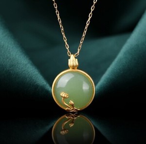 Authentic Vintage 925 Silver Gold-Plated Jade Jadeite Pendant Necklace with Lotus Blossom