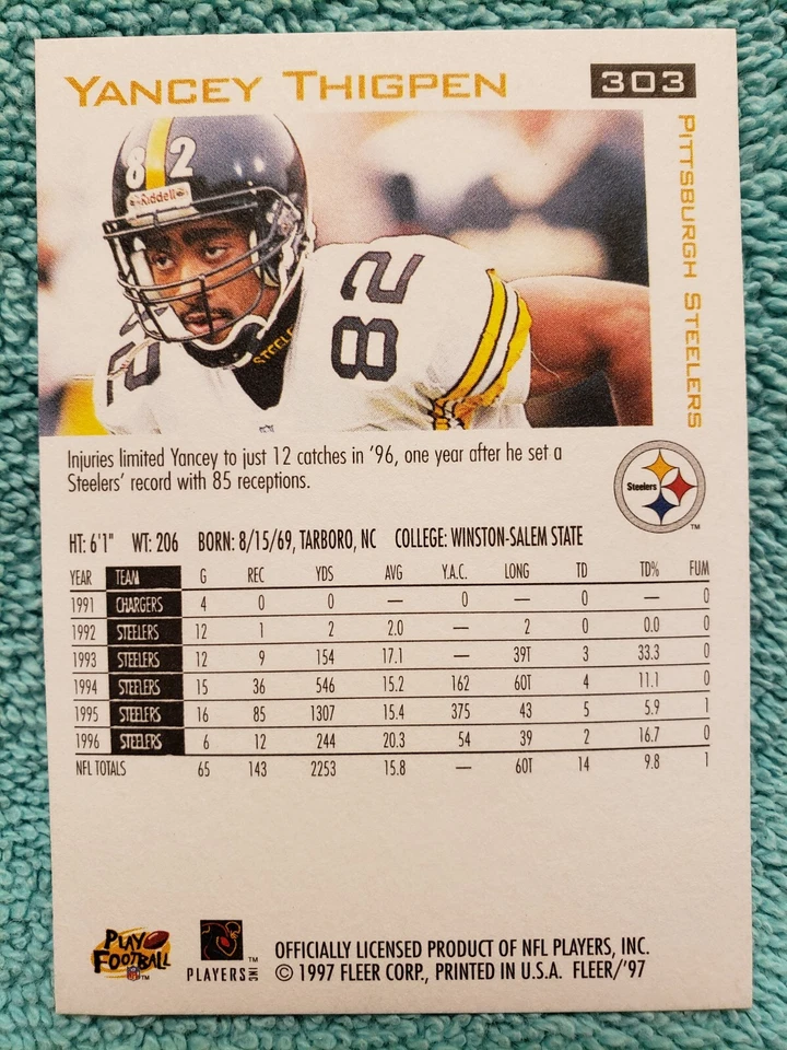 1997 FLEER YANCEY THIGPEN #303 PITTSBURGH STEELERS  - Image 3 of 4