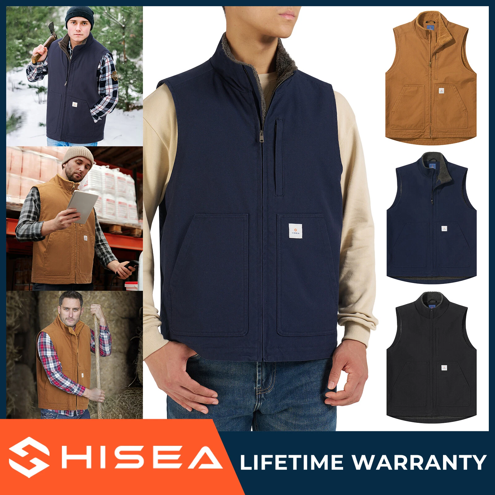 HISEA Men's Washed Duck Sherpa-Lined Vest Mock-Neck Outerwear Work Utility Vests