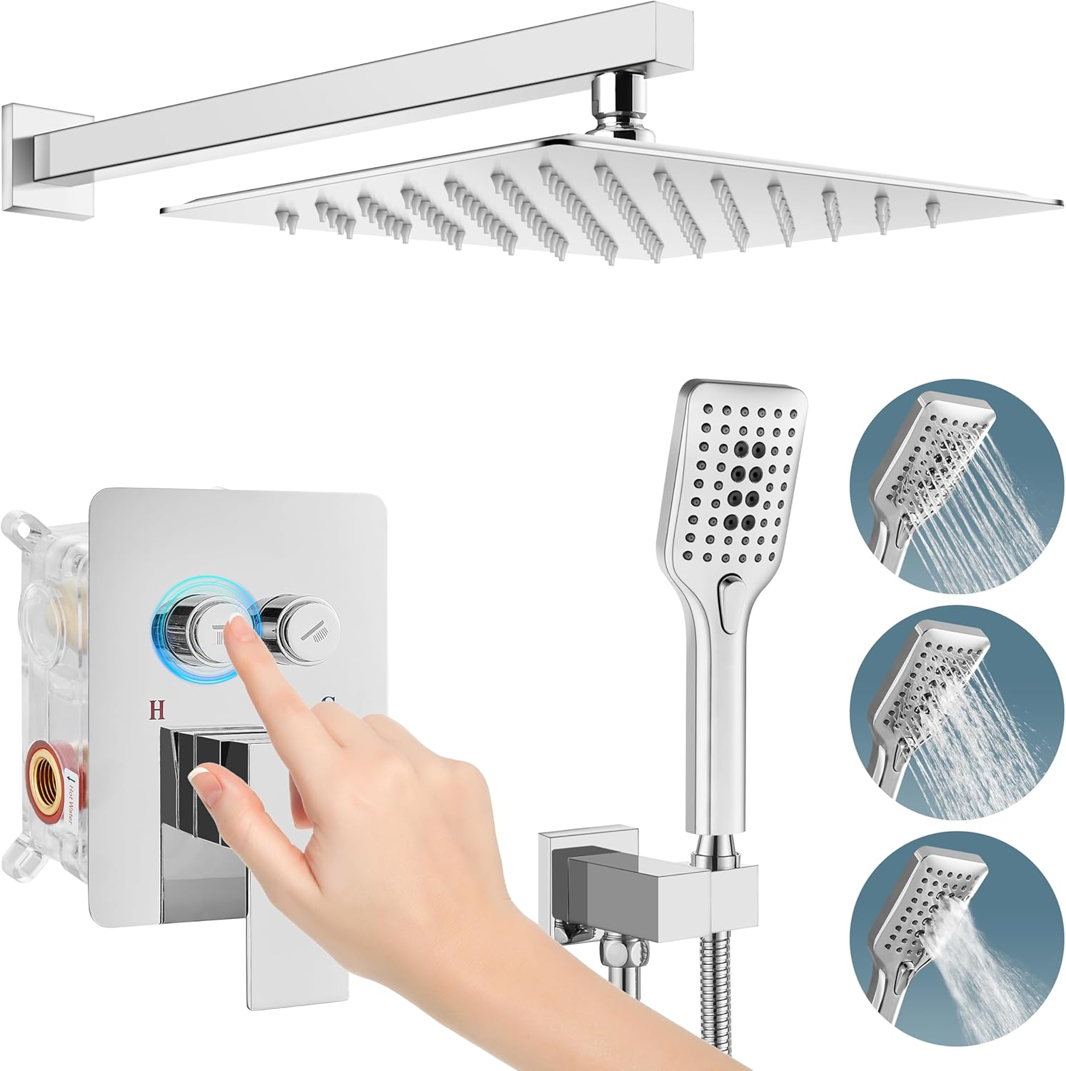 Polish Chrome Wall Mount Shower System 10 Inch Rain Shower Head Set Push Button