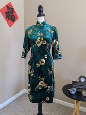 NEW Quarter Long Sleeve Green Velvet Cheongsam Qipao Traditional Chinese Dress
