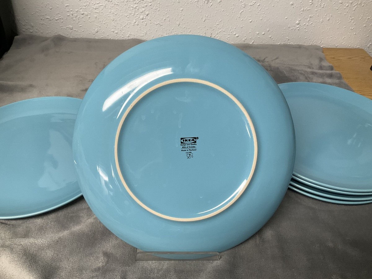6) IKEA Stoneware 10.5” Dinner Plates Fargrik Aqua Blue 15199