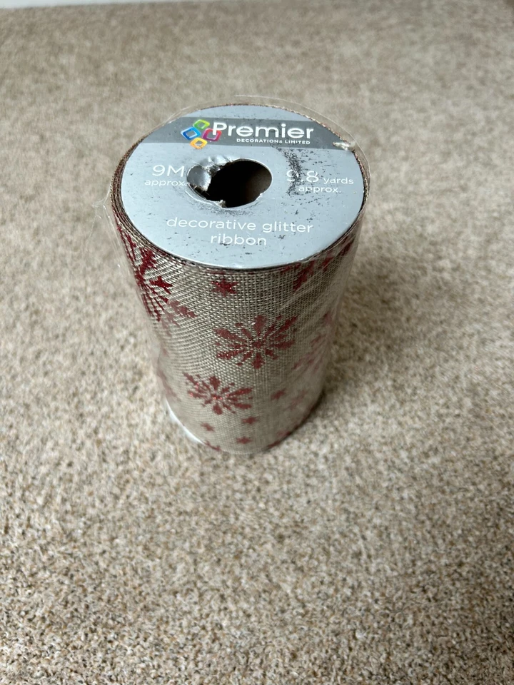 1 metro - Cinta estilo arpillera Wx14cm, copos de nieve rojo brillo (sin cable) Foto 2 de 3