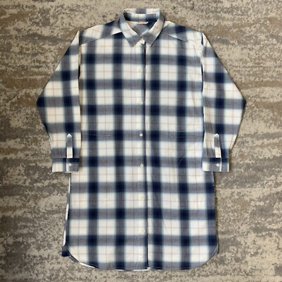 Balken Herz Japan Karo Hemd Kleid Blau Weiß Midi Langarm Flanell UK10