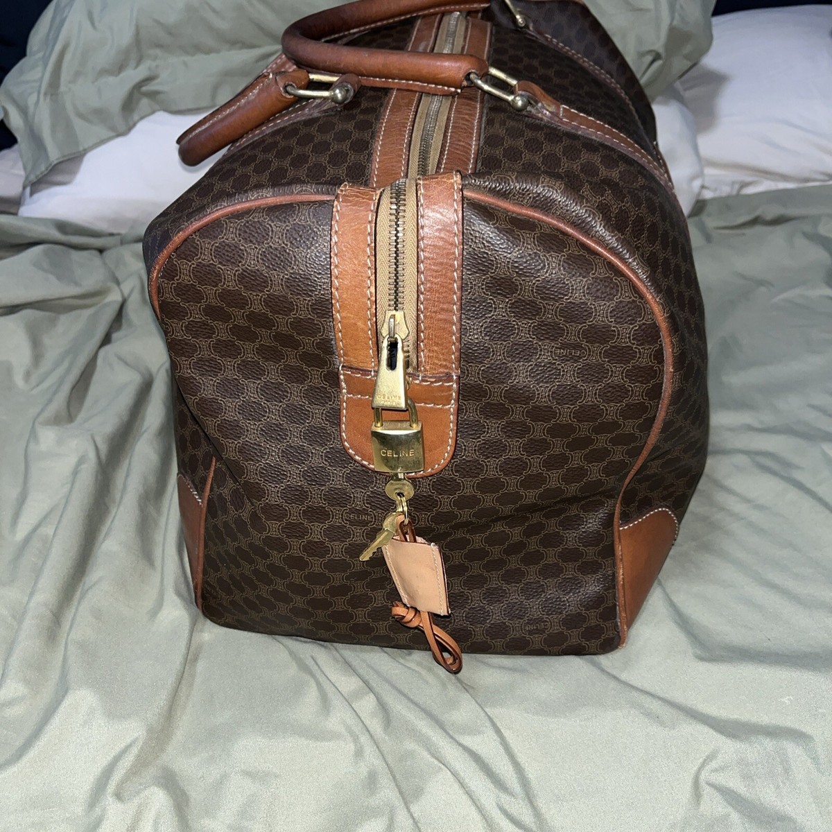 Celine Vintage Duffle Bag Macadam Coated Canvas Large Brown