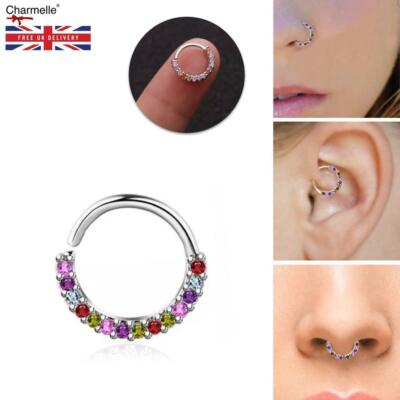 Daith Septum Nose Ear Ring 8mm Crystal Piercing Silver Hoop