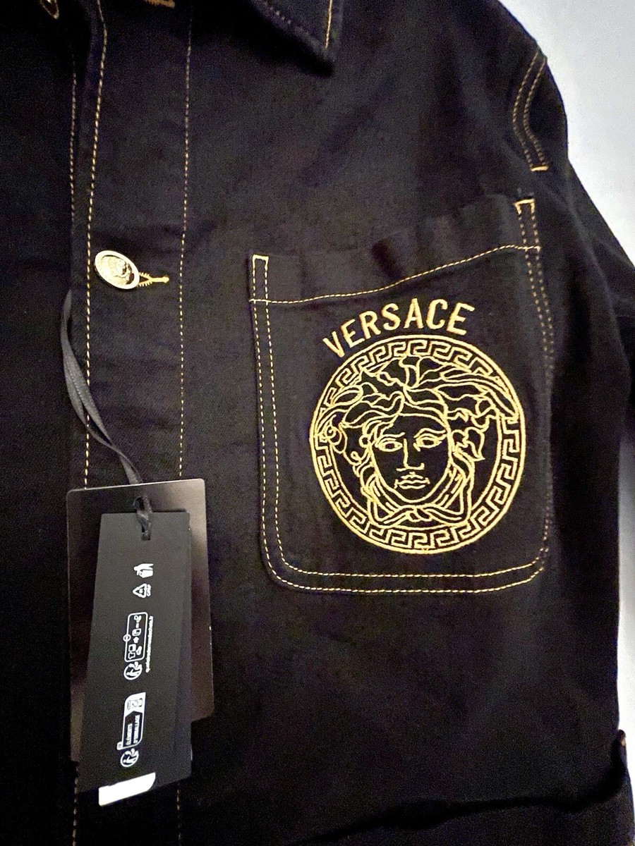 $1750 VERSACE LA MEDUSA CHORE COAT BLACK DENIM JACKET GOLD