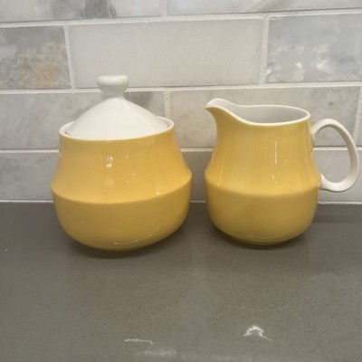 Vintage Cera Stone Yellow White Covered Sugar Bowl Creamer Mid Century Modern