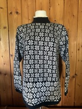Vintage GAP 80s Snowflake Mock Neck Sweater Womens Medium Black White Fair Isle
