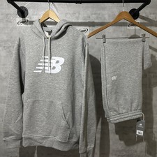 New Balance Men's Gray Tracksuit Set Hoodie  Pants Hooded Pockets Logo Tapered