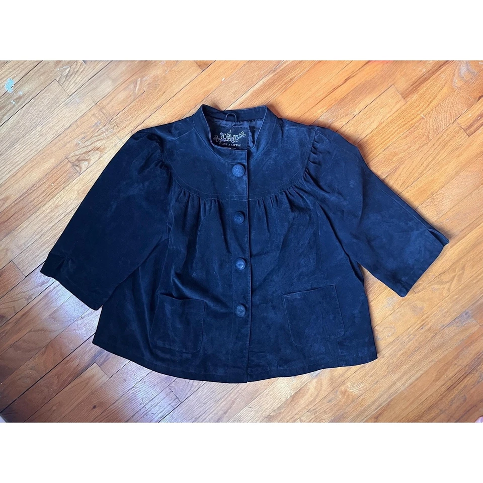 Vintage 90s Suede Jacket | Black Leather Swing Coat | Puff Sleeve Western | M/L - Image 4 of 4