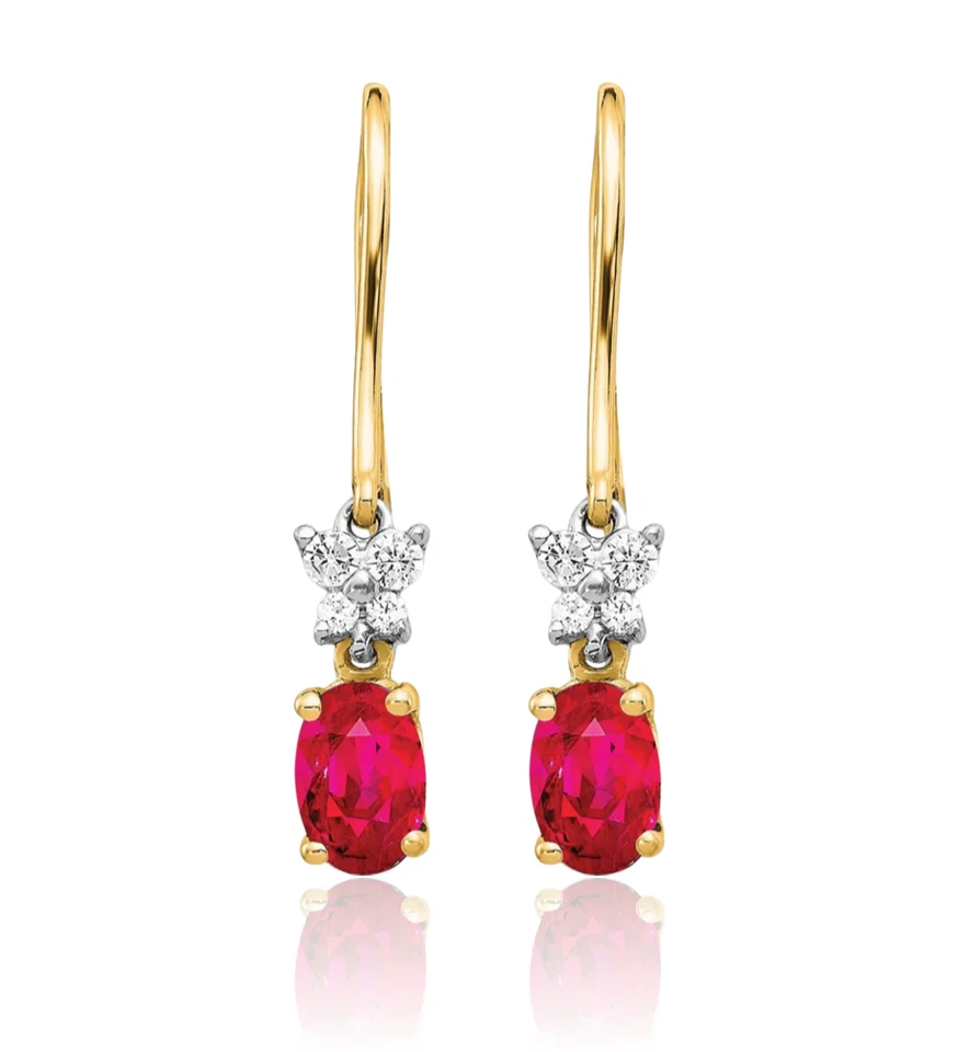14K Solid Two Tone Gold Diamond Oval Ruby Dangle Earrings - Image 2 of 4