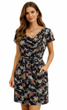 Oliver Bonas Black Floral Dress Size 8 Belted Day Tea Party Casual Mini Cowl