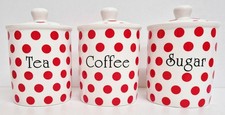 Red Spots Tea Coffee Sugar Canisters Set 3 Bone China Spotty Storage Jars Lids