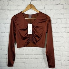 CALIA Womens Ruched Rashguard Long Sleeve Red Brown Shine UPF 50 Medium