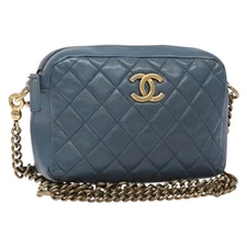 CHANEL Matelasse Chain Shoulder Bag Leather Blue Gold CC Auth yk19101