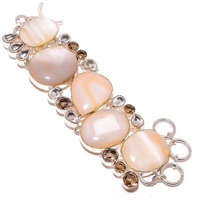 Natural Botswana Agate & Smoky Quartz 925 Sterling Silver Bracelet 7-7.99'' TB316