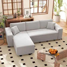 Chaise Sectional Sofa, Corduroy Fabric Corner Couch, Light Gray