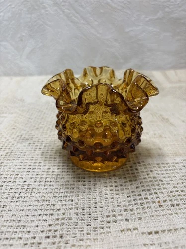 Vintage Fenton Glass Hobnail Ruffled Amber Open Rose Vase- 3"