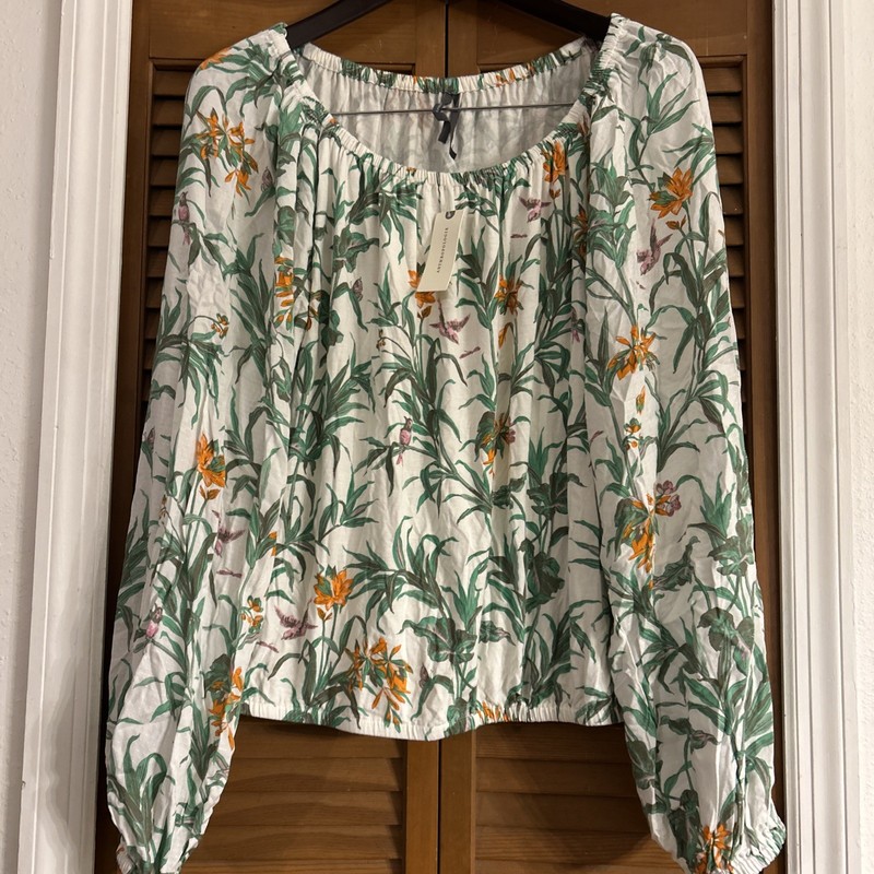 NWT $78 Anthropologie White Green Floral Gauzy Sleeve Round Neck Top Size L
