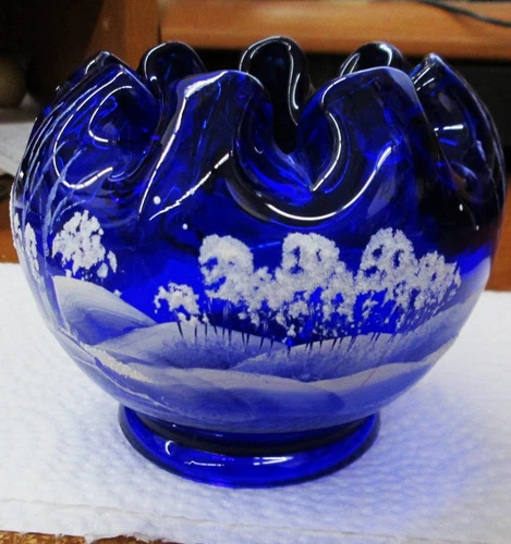Fenton Deep Cobalt Blue Rose Bowl w/hand Painted Winter Scene Signed