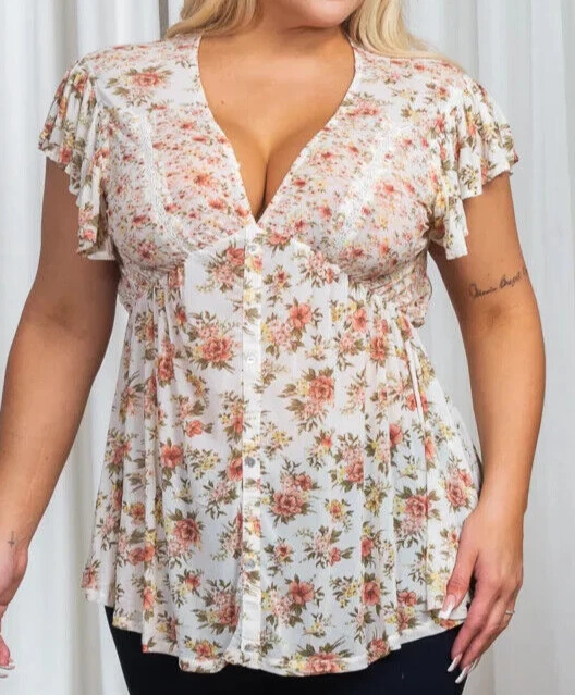 Sexy BLANCO Floral TALLA 2X V Cuello CAMISA TOP Mujer Plus MANGA CORTA Cintura Imperio Foto 2 de 4
