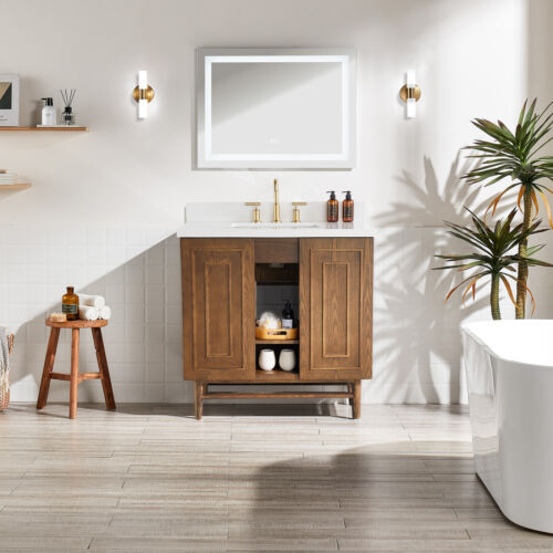 36'' Freestanding Single Bathroom Vanity With Marble Top Wooden Storage Cabinet