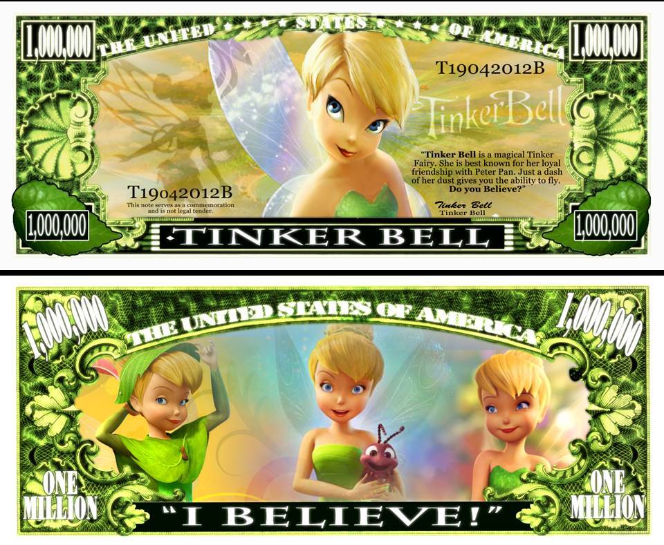 Tinkerbell Million Dollar Bill Play Funny Money Novelty Note + FREE SLEEVE