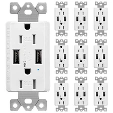 3.6A USB Charger Wall Outlet Receptacle Smart Chip Tamper Resistant UL 10 Packs