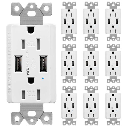 3.6 Amp USB Charger Wall Outlet TR Receptacles for iPhone SE/11/XS/XR/X/8 UL ×10