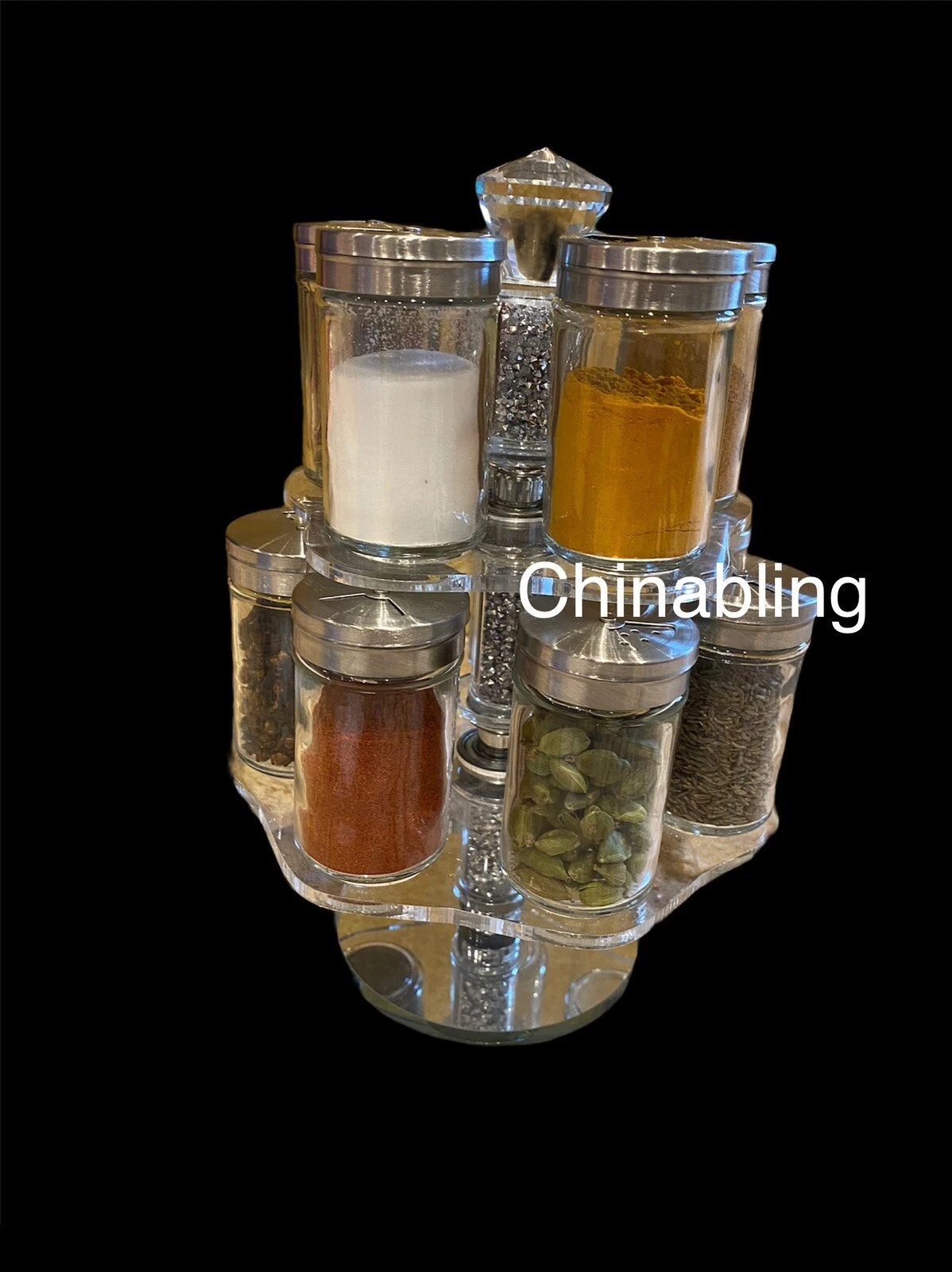Crush Diamond Stand Rack With 12 Spice Herbs Jars Canisters Silver Kitchen